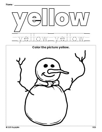 Free winter snowman color yellow coloring page and color worksheet, yellow worksheet for preschoolers to learn colors, printable PDF