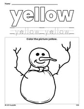 Free winter snowman color yellow coloring page and color worksheet, yellow worksheet for preschoolers to learn colors, printable PDF