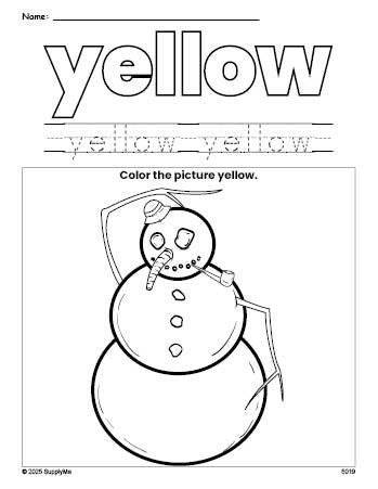 Free winter snowman color yellow coloring page and color worksheet, yellow worksheet for preschoolers to learn colors, printable PDF