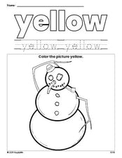 Free winter snowman color yellow coloring page and color worksheet, yellow worksheet for preschoolers to learn colors, printable PDF