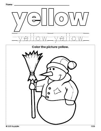 Free winter snowman color yellow coloring page and color worksheet, yellow worksheet for preschoolers to learn colors, printable PDF