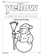 Free winter snowman color yellow coloring page and color worksheet, yellow worksheet for preschoolers to learn colors, printable PDF