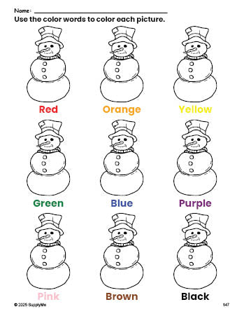 Free winter snowman coloring page and color worksheet for preschoolers to learn colors, printable PDF