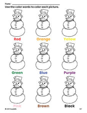 Free winter snowman coloring page and color worksheet for preschoolers to learn colors, printable PDF