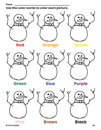 Free winter snowman coloring page and color worksheet for preschoolers to learn colors, printable PDF