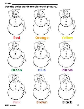 Free winter snowman coloring page and color worksheet for preschoolers to learn colors, printable PDF