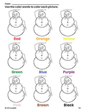 Free winter snowman coloring page and color worksheet for preschoolers to learn colors, printable PDF