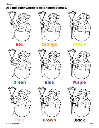 Free winter snowman coloring page and color worksheet for preschoolers to learn colors, printable PDF