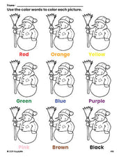 Free winter snowman coloring page and color worksheet for preschoolers to learn colors, printable PDF