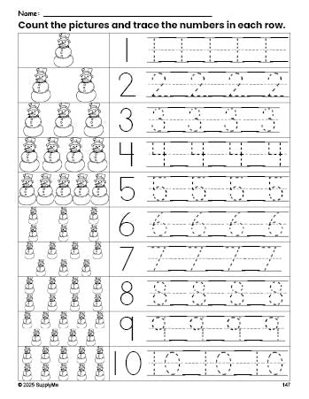 Free printable winter snowman counting worksheet for preschool and pre-k with number tracing practice 1-10, PDF