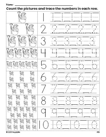 Free printable winter snowman counting worksheet for preschool and pre-k with number tracing practice 1-10, PDF