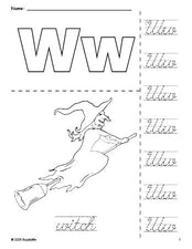 Free printable witch Halloween coloring page and cursive letter tracing worksheet, letter w worksheet for preschool, pre-k, and kindergarten, PDF