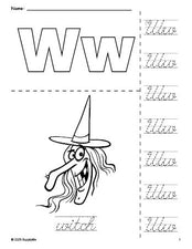 Free printable witch Halloween coloring page and cursive letter tracing worksheet, letter w worksheet for preschool, pre-k, and kindergarten, PDF