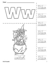 Free printable witch Halloween coloring page and cursive letter tracing worksheet, letter w worksheet for preschool, pre-k, and kindergarten, PDF