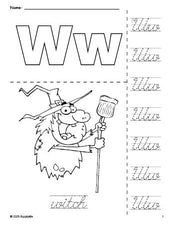 Free printable witch Halloween coloring page and cursive letter tracing worksheet, letter w worksheet for preschool, pre-k, and kindergarten, PDF