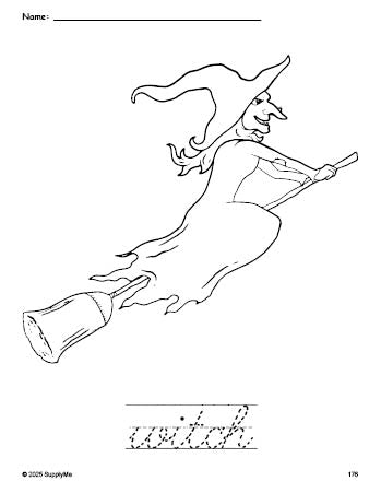 Free printable witch Halloween coloring page and cursive word tracing worksheet, perfect for preschool, pre-k, and kindergarten, PDF