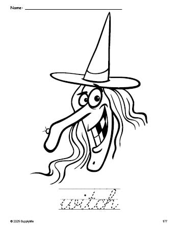 Free printable witch Halloween coloring page and cursive word tracing worksheet, perfect for preschool, pre-k, and kindergarten, PDF