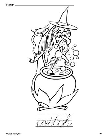 Free printable witch Halloween coloring page and cursive word tracing worksheet, perfect for preschool, pre-k, and kindergarten, PDF