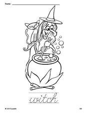 Free printable witch Halloween coloring page and cursive word tracing worksheet, perfect for preschool, pre-k, and kindergarten, PDF