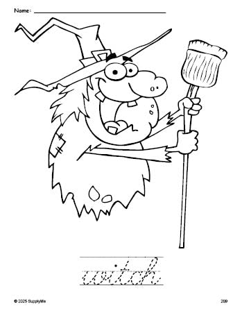 Free printable witch Halloween coloring page and cursive word tracing worksheet, perfect for preschool, pre-k, and kindergarten, PDF