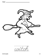 Free printable witch Halloween coloring page and cursive word tracing worksheet, perfect for preschool, pre-k, and kindergarten, PDF