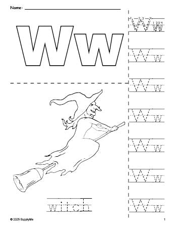 Free printable witch Halloween coloring page and letter tracing worksheet, letter w worksheet for preschool, pre-k, and kindergarten, PDF