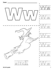 Free printable witch Halloween coloring page and letter tracing worksheet, letter w worksheet for preschool, pre-k, and kindergarten, PDF