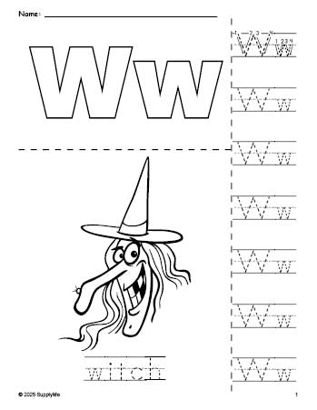 Free printable witch Halloween coloring page and letter tracing worksheet, letter w worksheet for preschool, pre-k, and kindergarten, PDF