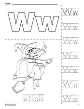 Free printable witch Halloween coloring page and letter tracing worksheet, letter w worksheet for preschool, pre-k, and kindergarten, PDF