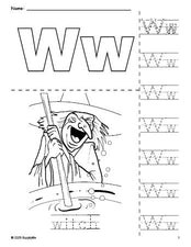 Free printable witch Halloween coloring page and letter tracing worksheet, letter w worksheet for preschool, pre-k, and kindergarten, PDF