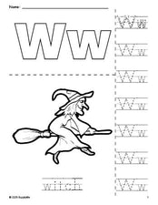 Free printable witch Halloween coloring page and letter tracing worksheet, letter w worksheet for preschool, pre-k, and kindergarten, PDF