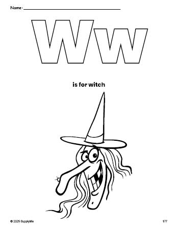 Free printable witch Halloween coloring page, letter w coloring page for preschool, pre-k, and kindergarten, PDF