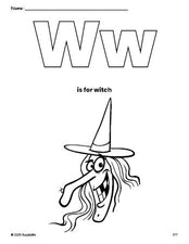 Free printable witch Halloween coloring page, letter w coloring page for preschool, pre-k, and kindergarten, PDF