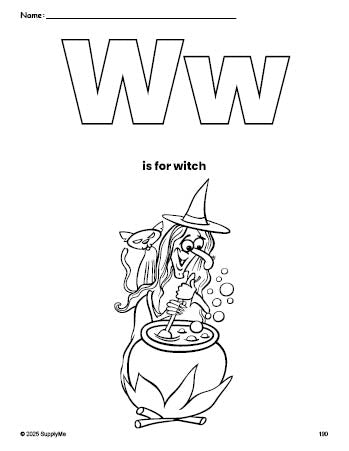 Free printable witch Halloween coloring page, letter w coloring page for preschool, pre-k, and kindergarten, PDF