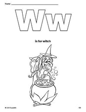 Free printable witch Halloween coloring page, letter w coloring page for preschool, pre-k, and kindergarten, PDF