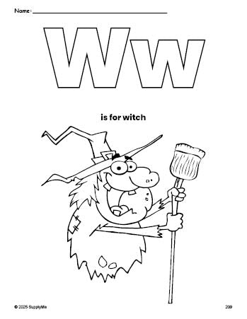 Free printable witch Halloween coloring page, letter w coloring page for preschool, pre-k, and kindergarten, PDF