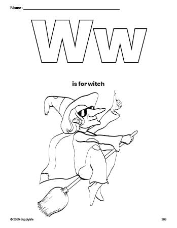 Free printable witch Halloween coloring page, letter w coloring page for preschool, pre-k, and kindergarten, PDF