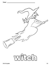 Free printable witch Halloween coloring page for preschool, pre-k, and kindergarten, PDF