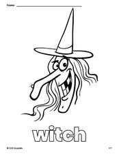 Free printable witch Halloween coloring page for preschool, pre-k, and kindergarten, PDF