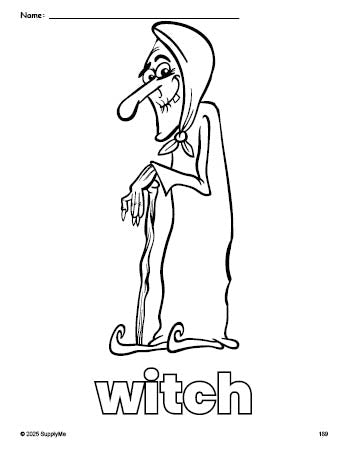 Free printable witch Halloween coloring page for preschool, pre-k, and kindergarten, PDF