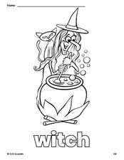 Free printable witch Halloween coloring page for preschool, pre-k, and kindergarten, PDF