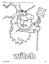 Free printable witch Halloween coloring page for preschool, pre-k, and kindergarten, PDF