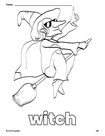 Free printable witch Halloween coloring page for preschool, pre-k, and kindergarten, PDF