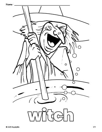 Free printable witch Halloween coloring page for preschool, pre-k, and kindergarten, PDF