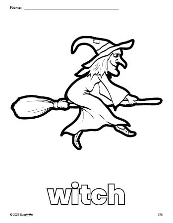 Free printable witch Halloween coloring page for preschool, pre-k, and kindergarten, PDF