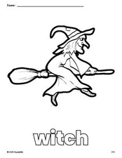 Free printable witch Halloween coloring page for preschool, pre-k, and kindergarten, PDF