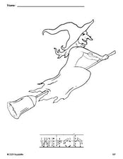 Free printable witch Halloween coloring page and word tracing worksheet, letter formation guides, perfect for preschool, pre-k, and kindergarten, PDF