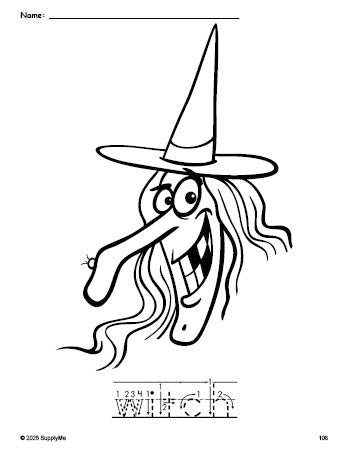 Free printable witch Halloween coloring page and word tracing worksheet, letter formation guides, perfect for preschool, pre-k, and kindergarten, PDF