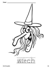 Free printable witch Halloween coloring page and word tracing worksheet, letter formation guides, perfect for preschool, pre-k, and kindergarten, PDF