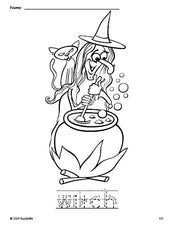 Free printable witch Halloween coloring page and word tracing worksheet, letter formation guides, perfect for preschool, pre-k, and kindergarten, PDF